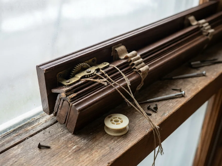 Timber venetian headrail, ladder tapes and tilt mechanism up close during a blind repair