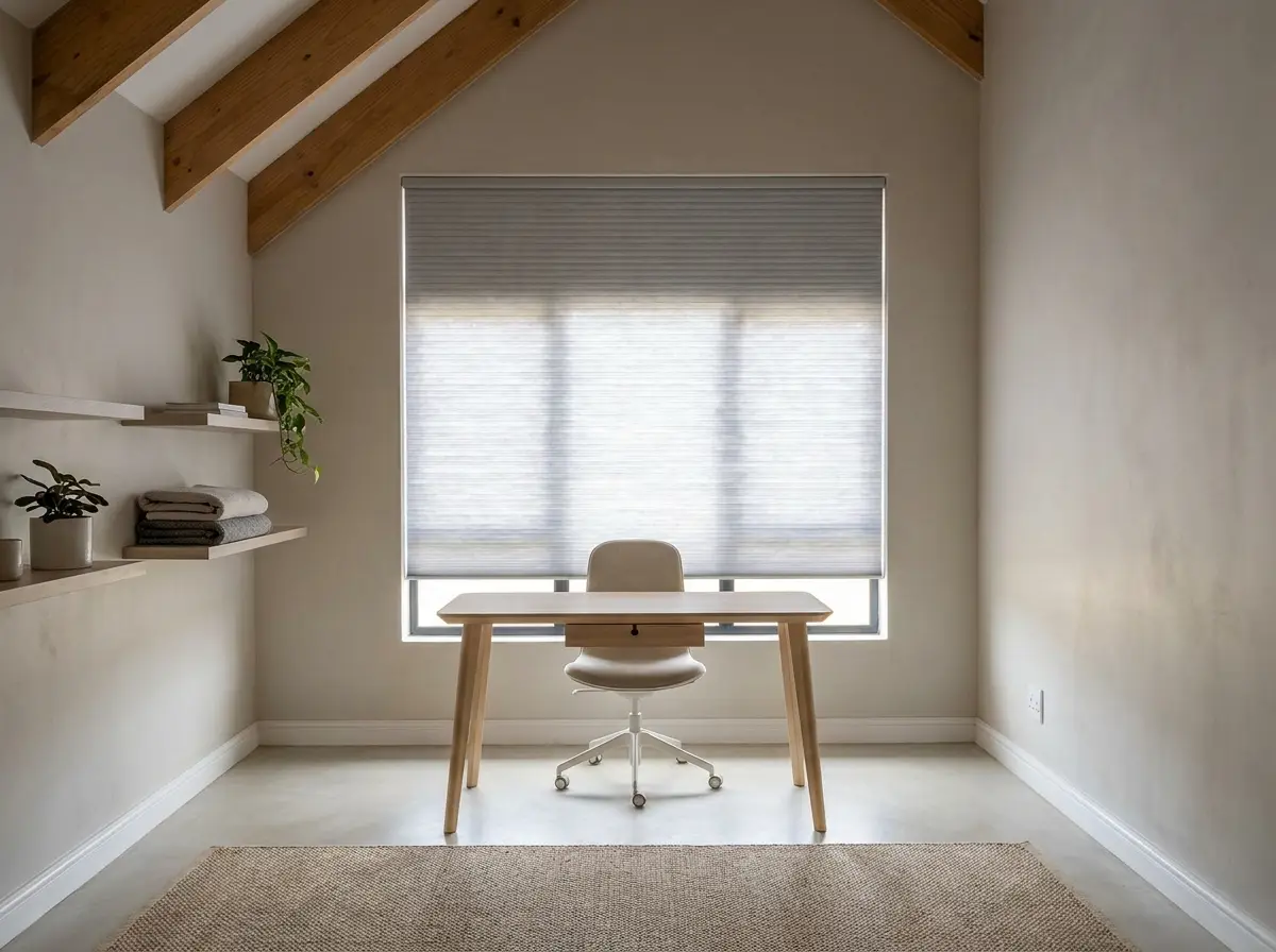 Cellular honeycomb blind fully lowered in a small home office above the garage of a Helderfontein home