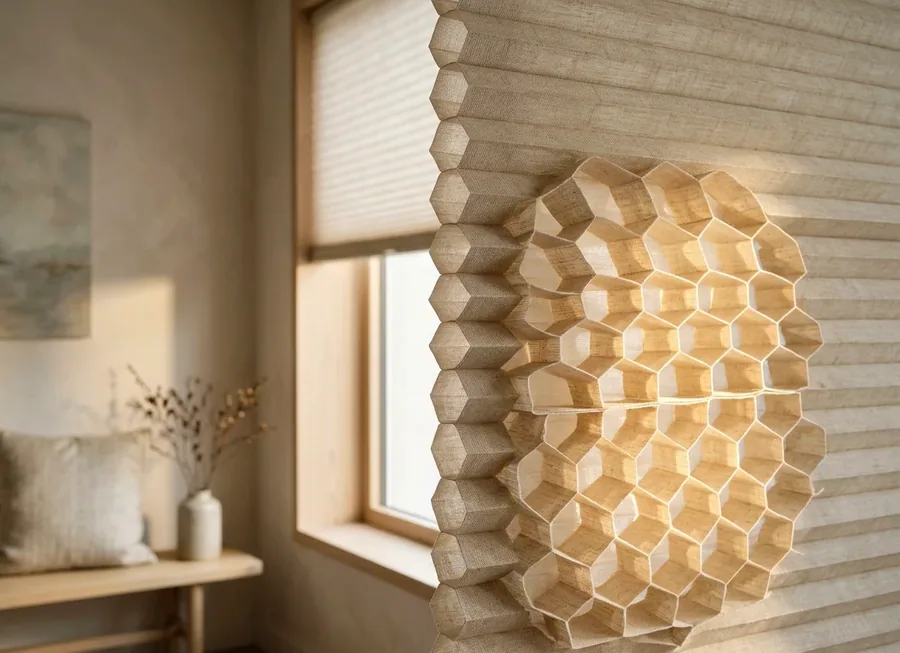 Honeycomb air cells of a cellular blind in close-up, lit by low sun