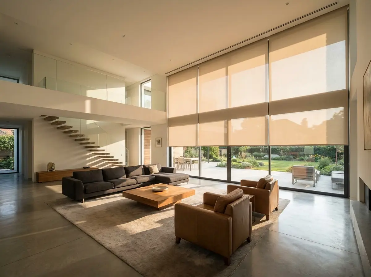 Fabric blind lowered from a fully concealed ceiling recess in an open-plan living room of a Helderfontein home