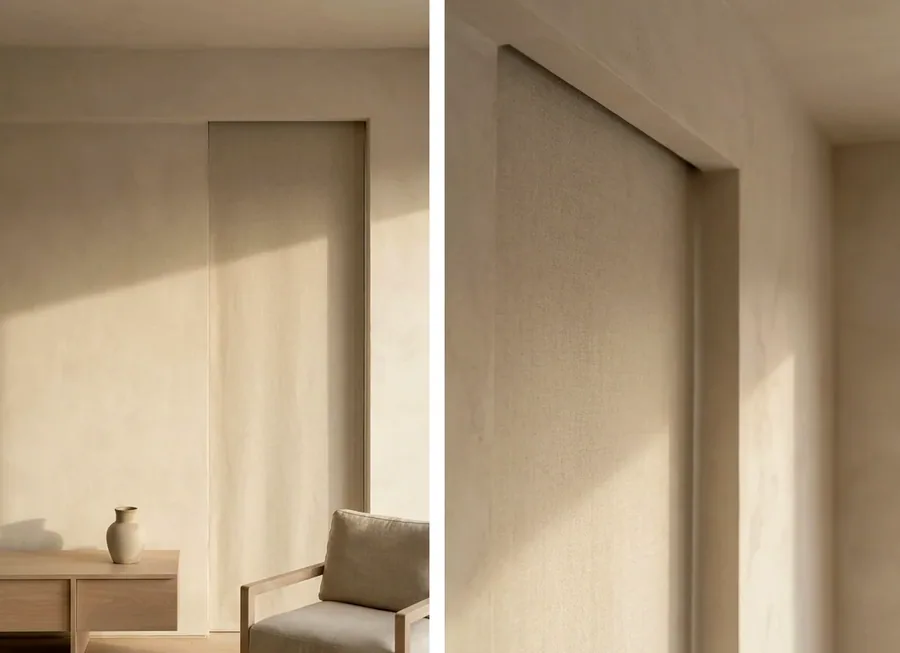 Concealed blind fabric dropping from a slim ceiling recess with no visible hardware
