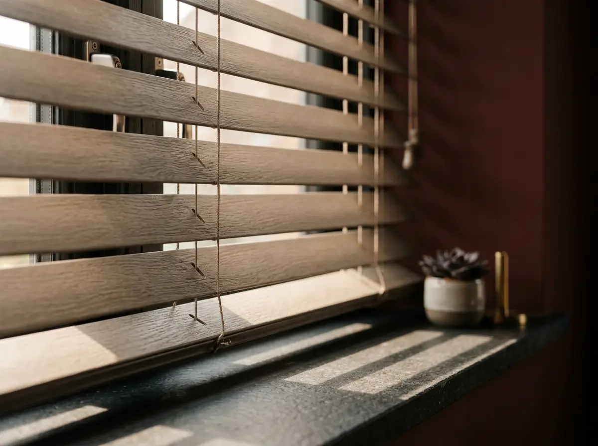 Close-up of timber venetian slats, ladder cords and sill detail in a Helderfontein Estate home