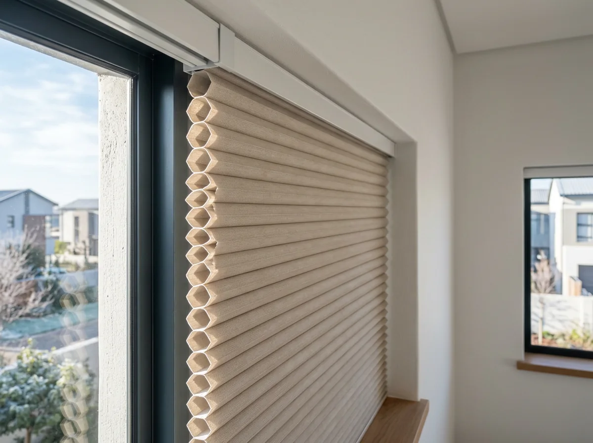 Close-up of a cellular honeycomb blind in a new estate bedroom, rows of hexagonal air cells visible edge-on beneath a slim headrail, with neighbouring new houses through the glass