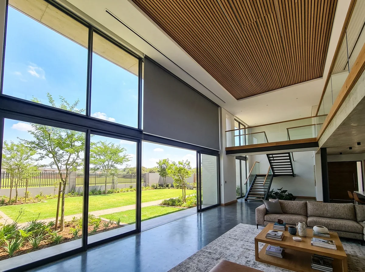 Double-volume living room in a new estate home, a single flat sheet of blind fabric lowered across the upper glass from a slot in the ceiling with no visible headrail, looking out to a young garden