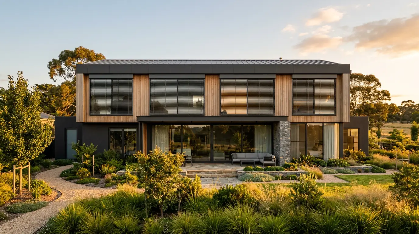Exterior facade of a new estate home at golden hour with external aluminium venetian blinds mounted outside the west-facing upper-floor windows