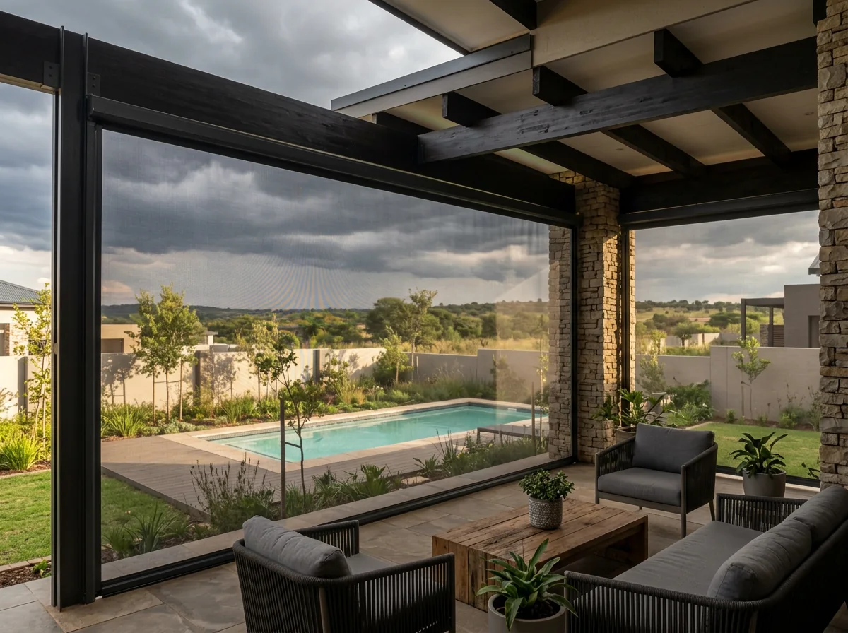 Zip screens lowered across the open side of a covered veranda on a new estate home, flat mesh held taut in vertical side tracks, with a pool, young garden and building storm clouds beyond