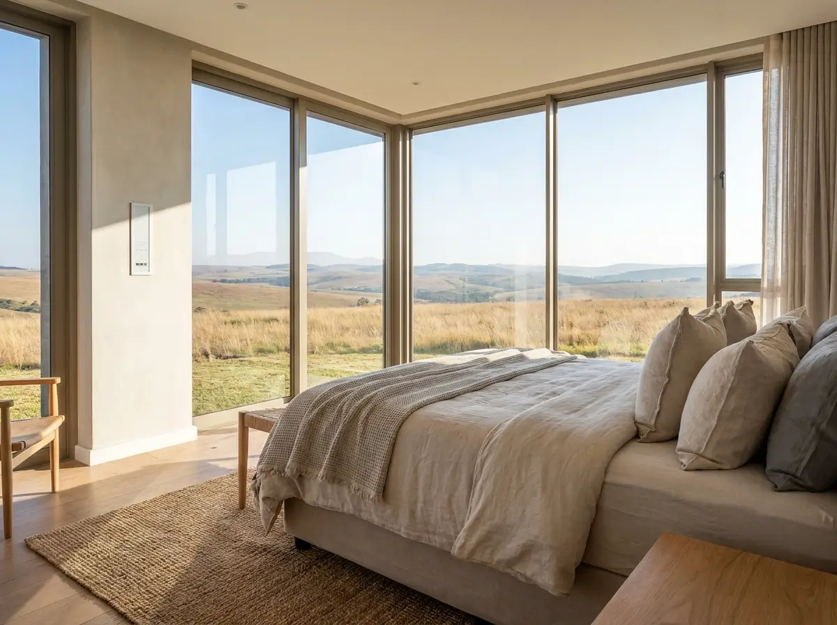 Motorised roller blind fully raised in a primary bedroom of a Helderfontein home