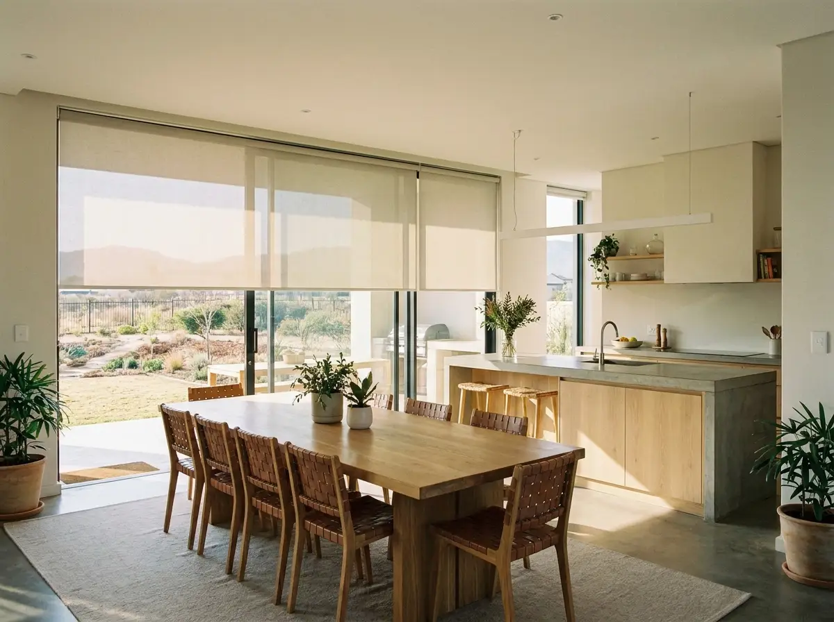 Sunscreen roller blind lowered on the sliding doors of an open-plan kitchen and dining area in a Helderfontein home
