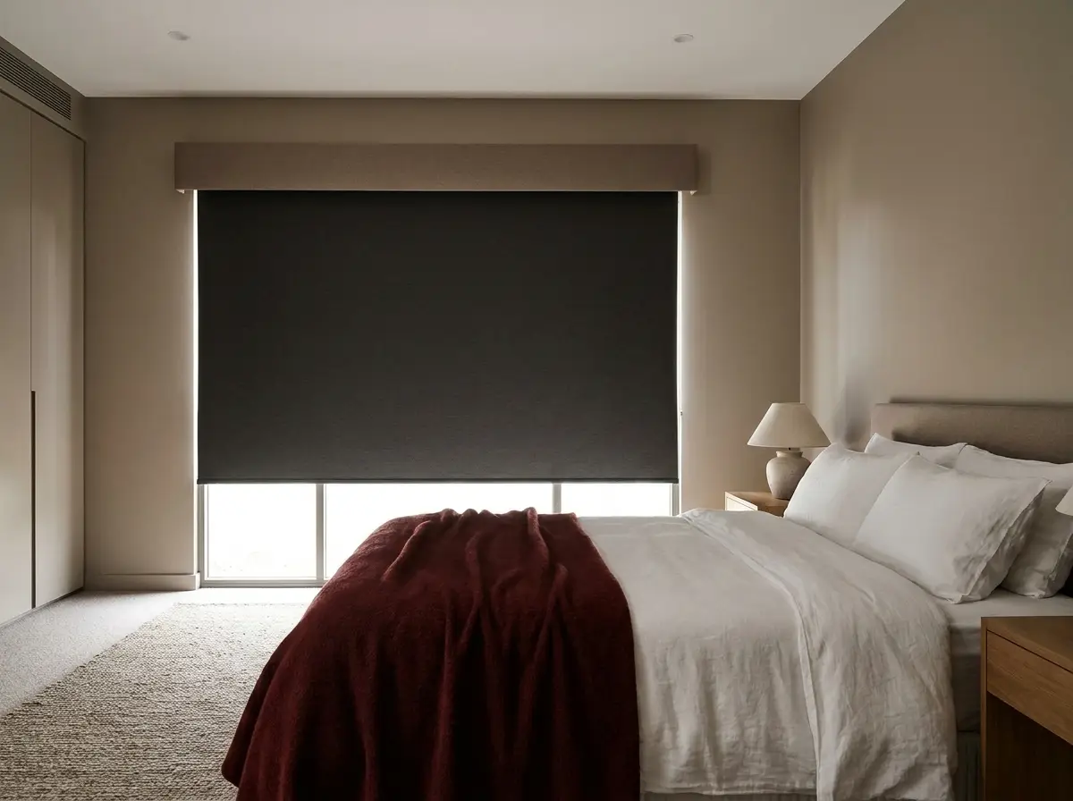 Main bedroom in a new Helderfontein Estate home with a charcoal blockout roller blind lowered in its pelmet above the bed